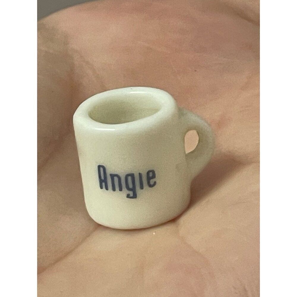 Vintage Miniature White Ceramic Coffee Mug With name Angie Spell Out Dollhouse